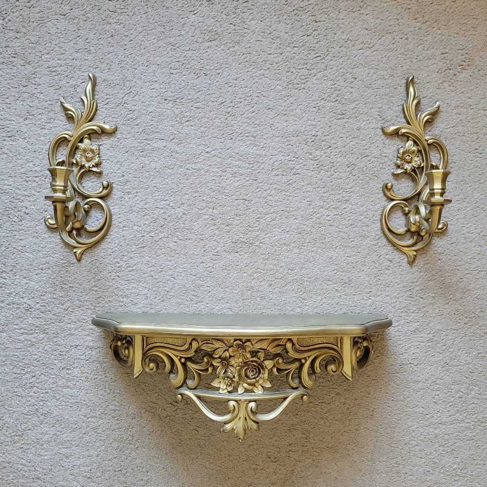 Vintage Set Syroco Dart Gold Hollywood Regency Wall Sconces and Shelf #3025#3933